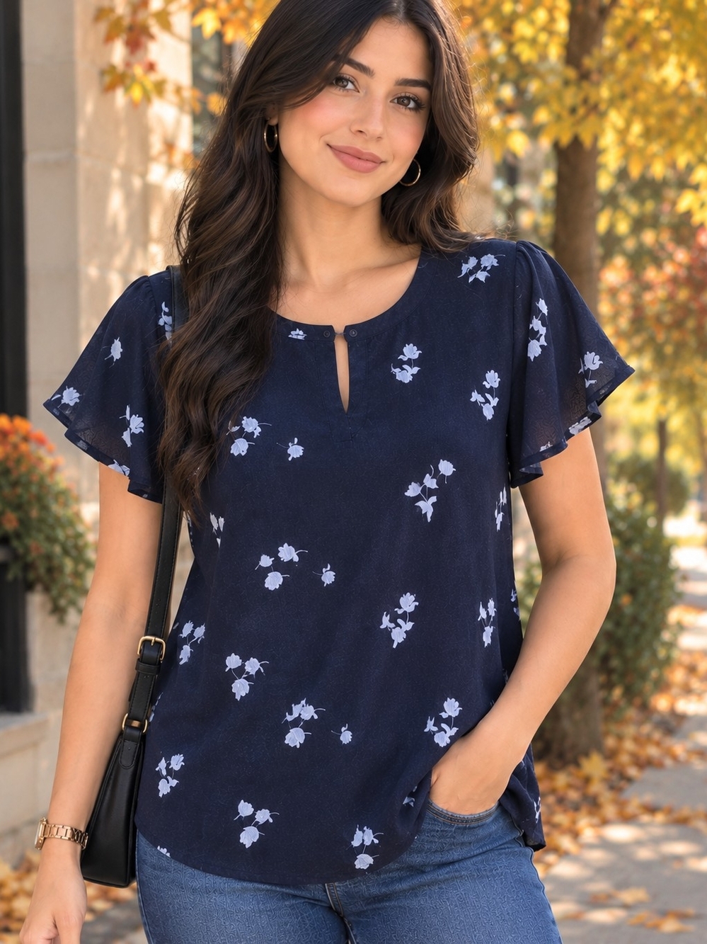 Ann Taylor Navy Floral Keyhole Flutter Sleeve Blouse